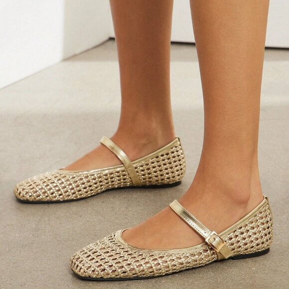 Gold Elegant Womens Woven Pu Square Toe Comfortable Mary Jane Ballet Flats - Picture 1 of 7